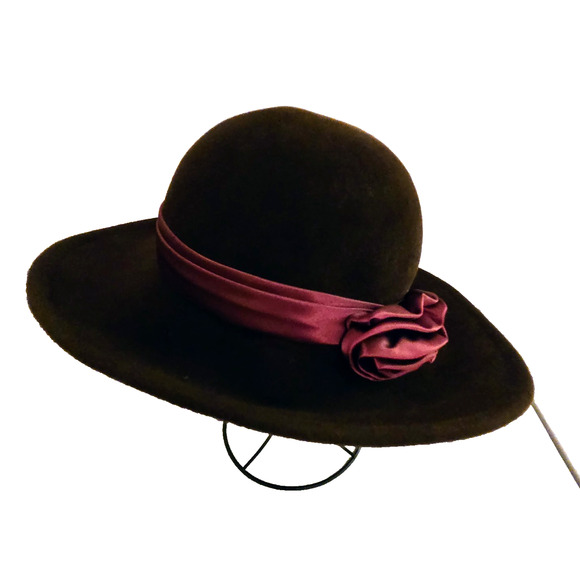Vintage Betmar brown Fedora wool hat with burgundy satin bow main image 9